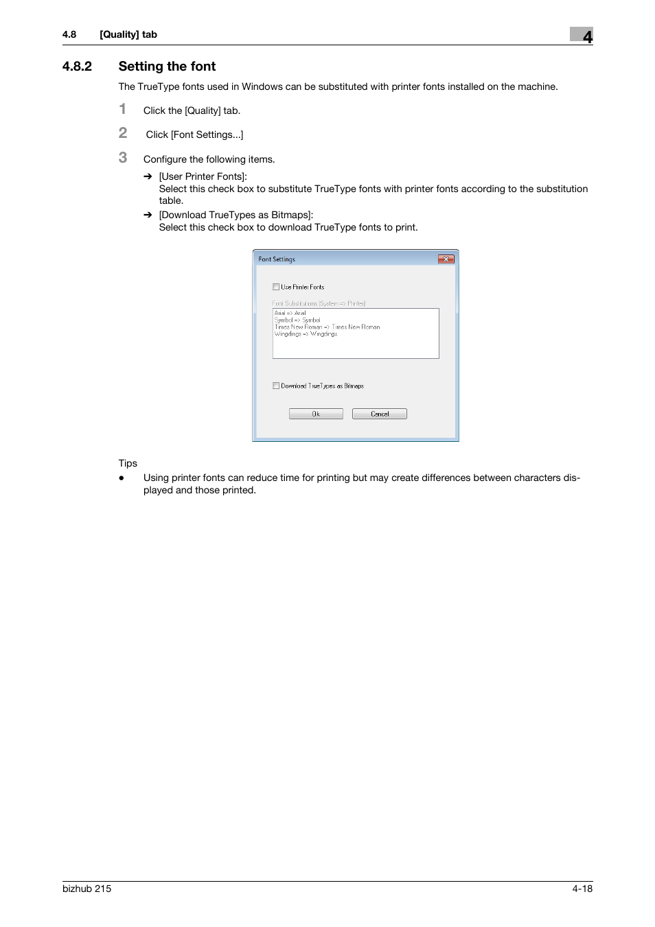 2 setting the font, Setting the font -18 | Konica Minolta Bizhub 215 User Manual | Page 52 / 88