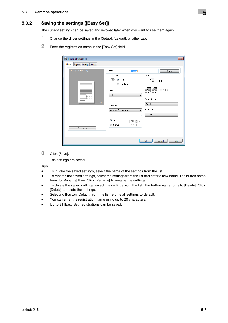 2 saving the settings ([easy set]), Saving the settings ([easy set]) -7 | Konica Minolta Bizhub 215 User Manual | Page 59 / 88