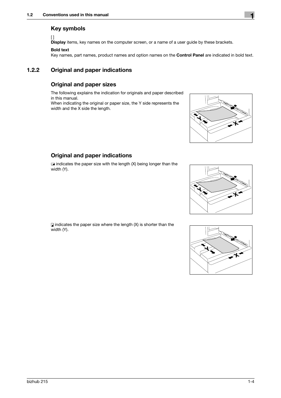 Key symbols, 2 original and paper indications, Original and paper sizes | Original and paper indications, Key symbols -4 | Konica Minolta Bizhub 215 User Manual | Page 8 / 88