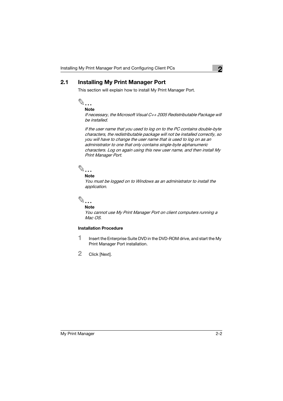 1 installing my print manager port, Installation procedure, Installing my print manager port -2 | Installation procedure -2 | Konica Minolta PageScope Enterprise Suite User Manual | Page 16 / 53