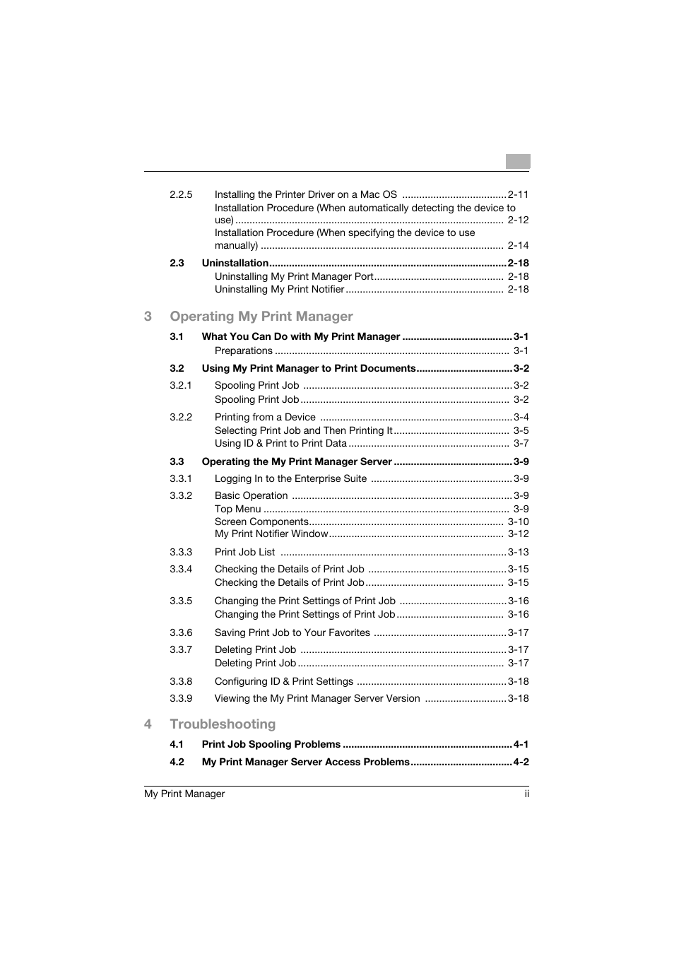 3operating my print manager, 4troubleshooting | Konica Minolta PageScope Enterprise Suite User Manual | Page 3 / 53