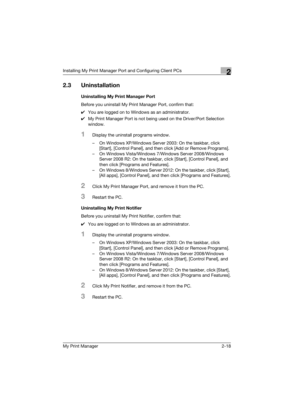 3 uninstallation, Uninstalling my print manager port, Uninstalling my print notifier | Uninstallation -18 | Konica Minolta PageScope Enterprise Suite User Manual | Page 32 / 53