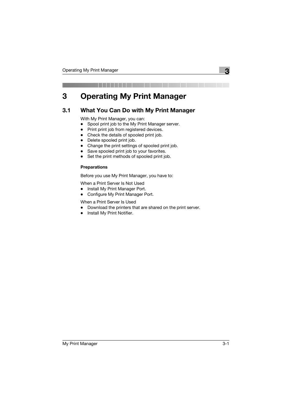 3 operating my print manager, 1 what you can do with my print manager, Preparations | Operating my print manager, What you can do with my print manager -1, Preparations -1, 3operating my print manager | Konica Minolta PageScope Enterprise Suite User Manual | Page 33 / 53