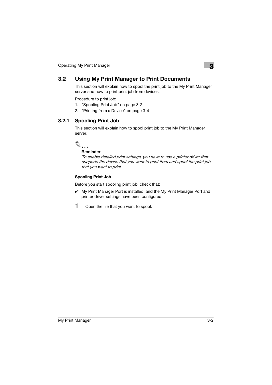 2 using my print manager to print documents, 1 spooling print job, Spooling print job | Using my print manager to print documents -2, Spooling print job -2 spooling print job -2 | Konica Minolta PageScope Enterprise Suite User Manual | Page 34 / 53