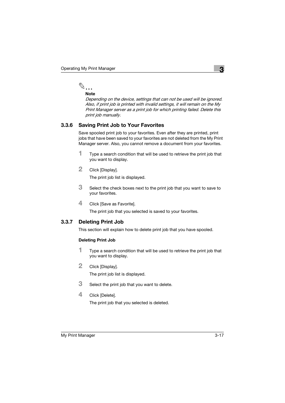 6 saving print job to your favorites, 7 deleting print job, Deleting print job | Saving print job to your favorites -17, Deleting print job -17 deleting print job -17 | Konica Minolta PageScope Enterprise Suite User Manual | Page 49 / 53