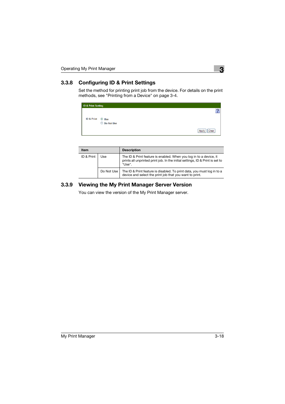 8 configuring id & print settings, 9 viewing the my print manager server version, Configuring id & print settings -18 | Viewing the my print manager server version -18 | Konica Minolta PageScope Enterprise Suite User Manual | Page 50 / 53