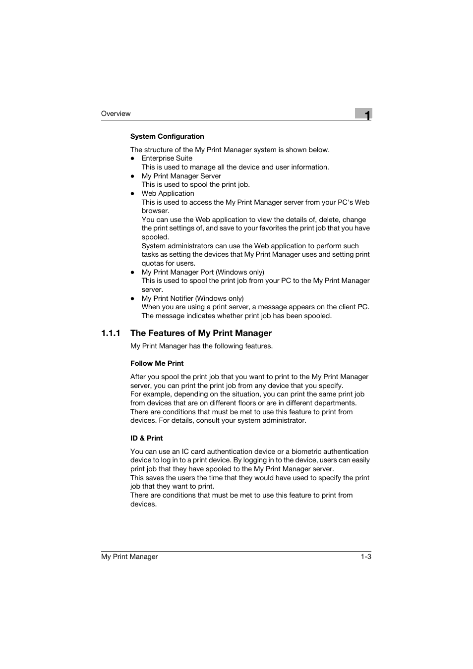System configuration, 1 the features of my print manager, Follow me print | Id & print, System configuration -3 | Konica Minolta PageScope Enterprise Suite User Manual | Page 9 / 53