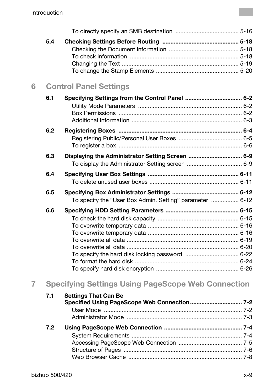 6control panel settings | Konica Minolta bizhub 500 User Manual | Page 10 / 218