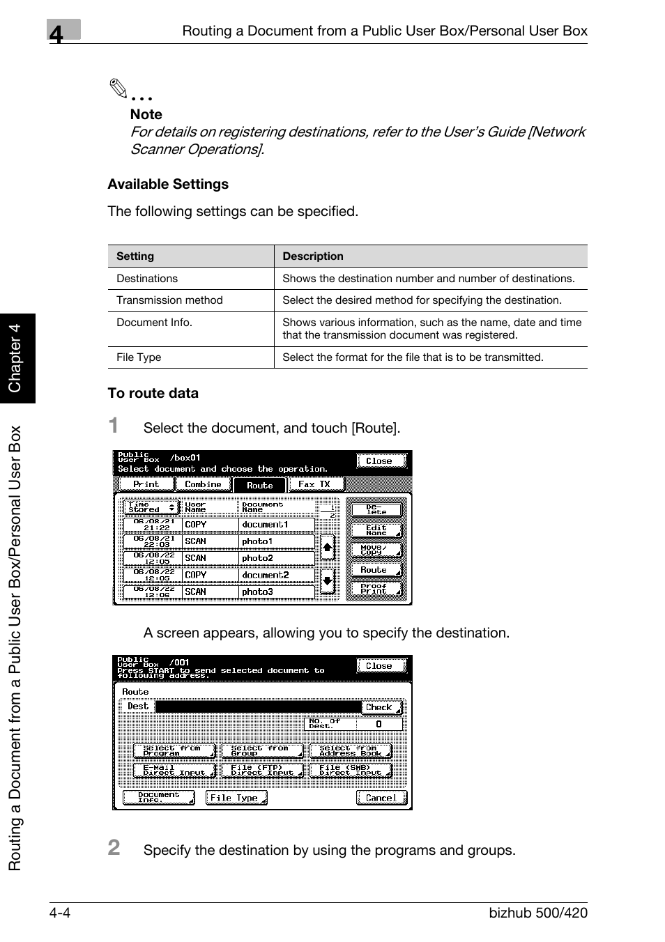 Available settings -4 to route data -4 | Konica Minolta bizhub 500 User Manual | Page 103 / 218