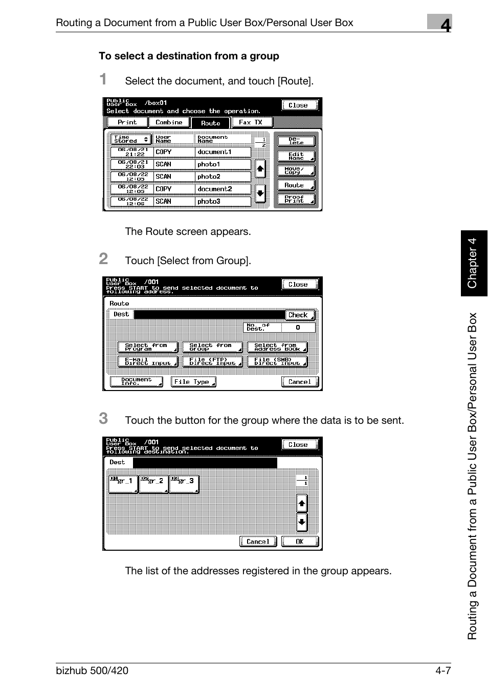 To select a destination from a group -7, P. 4-7 | Konica Minolta bizhub 500 User Manual | Page 106 / 218