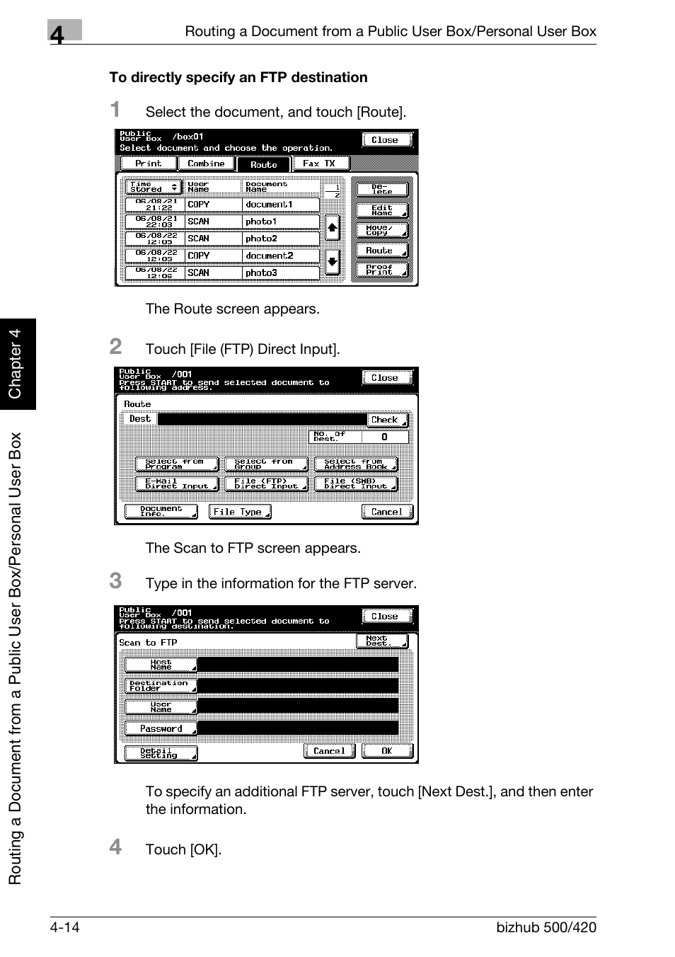 To directly specify an ftp destination -14, P. 4-14 | Konica Minolta bizhub 500 User Manual | Page 113 / 218