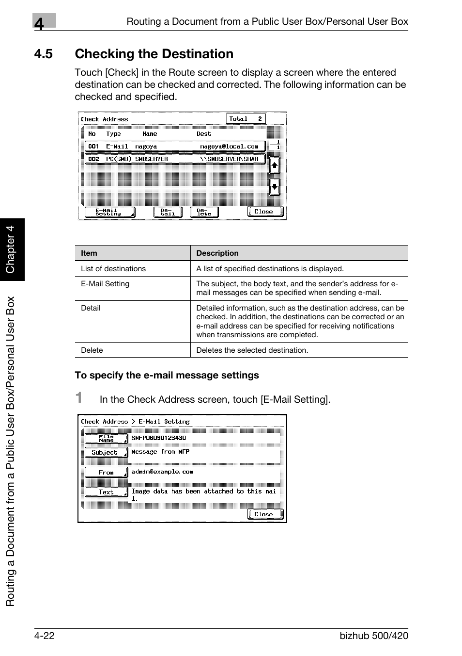 5 checking the destination, Checking the destination -22, To specify the e-mail message settings -22 | Konica Minolta bizhub 500 User Manual | Page 121 / 218