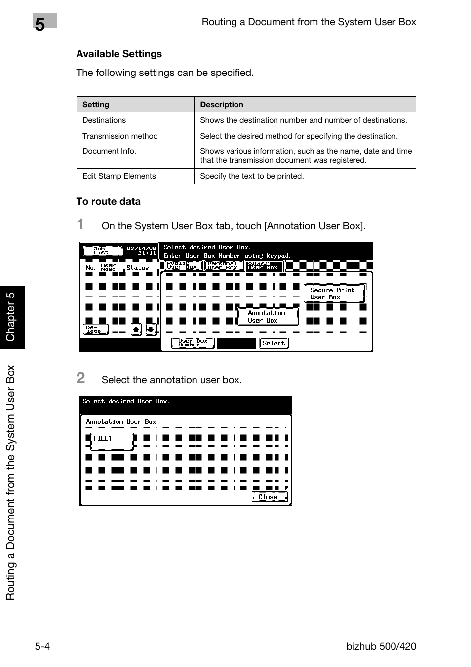 Available settings -4 to route data -4 | Konica Minolta bizhub 500 User Manual | Page 129 / 218