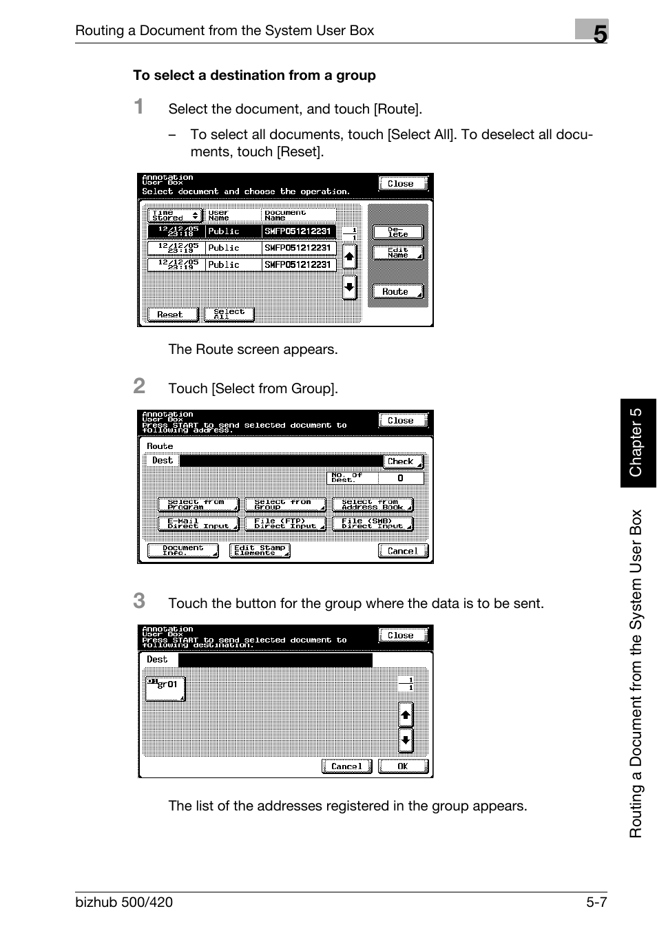 To select a destination from a group -7, P. 5-7 | Konica Minolta bizhub 500 User Manual | Page 132 / 218