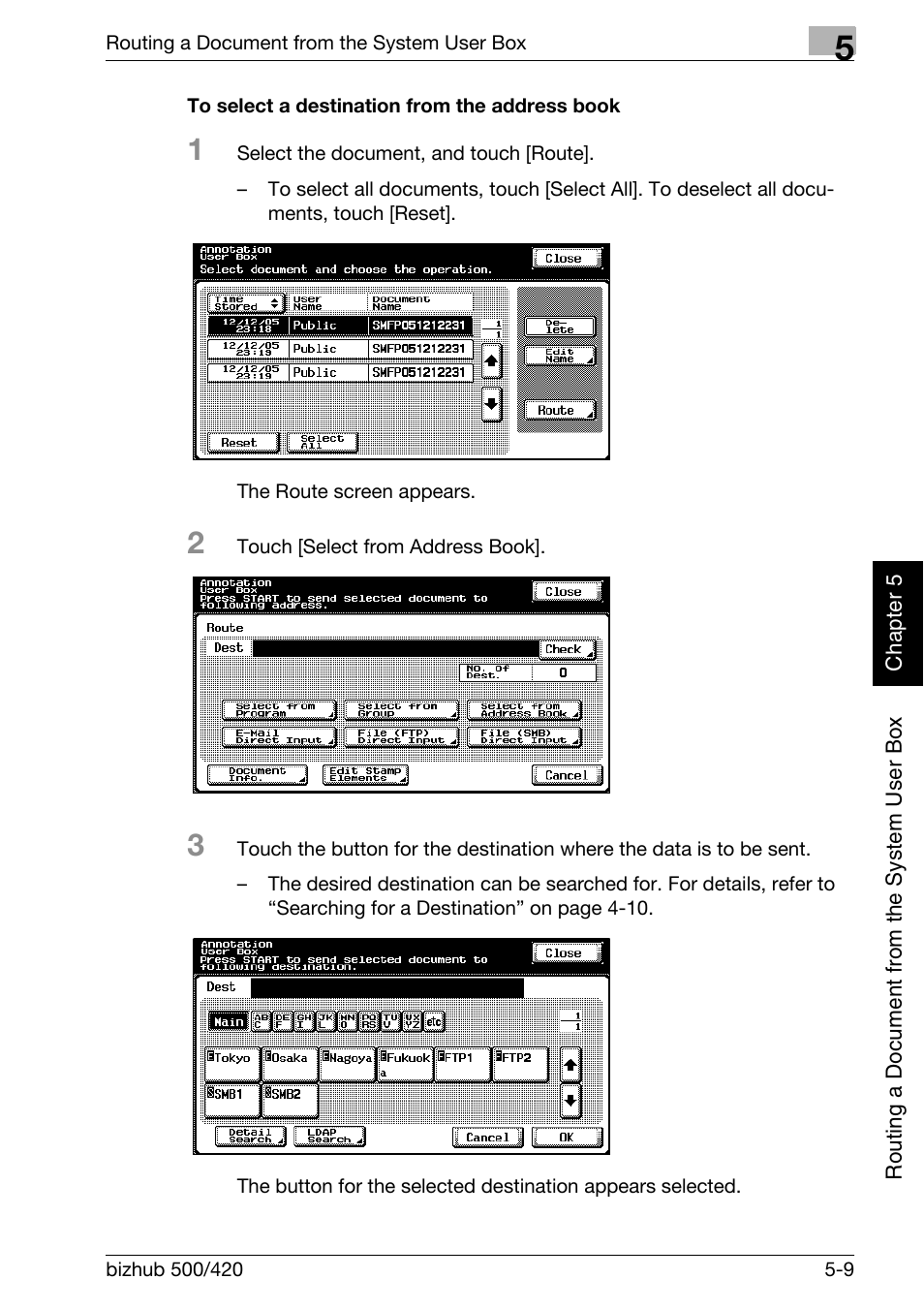 To select a destination from the address book -9, P. 5-9 | Konica Minolta bizhub 500 User Manual | Page 134 / 218