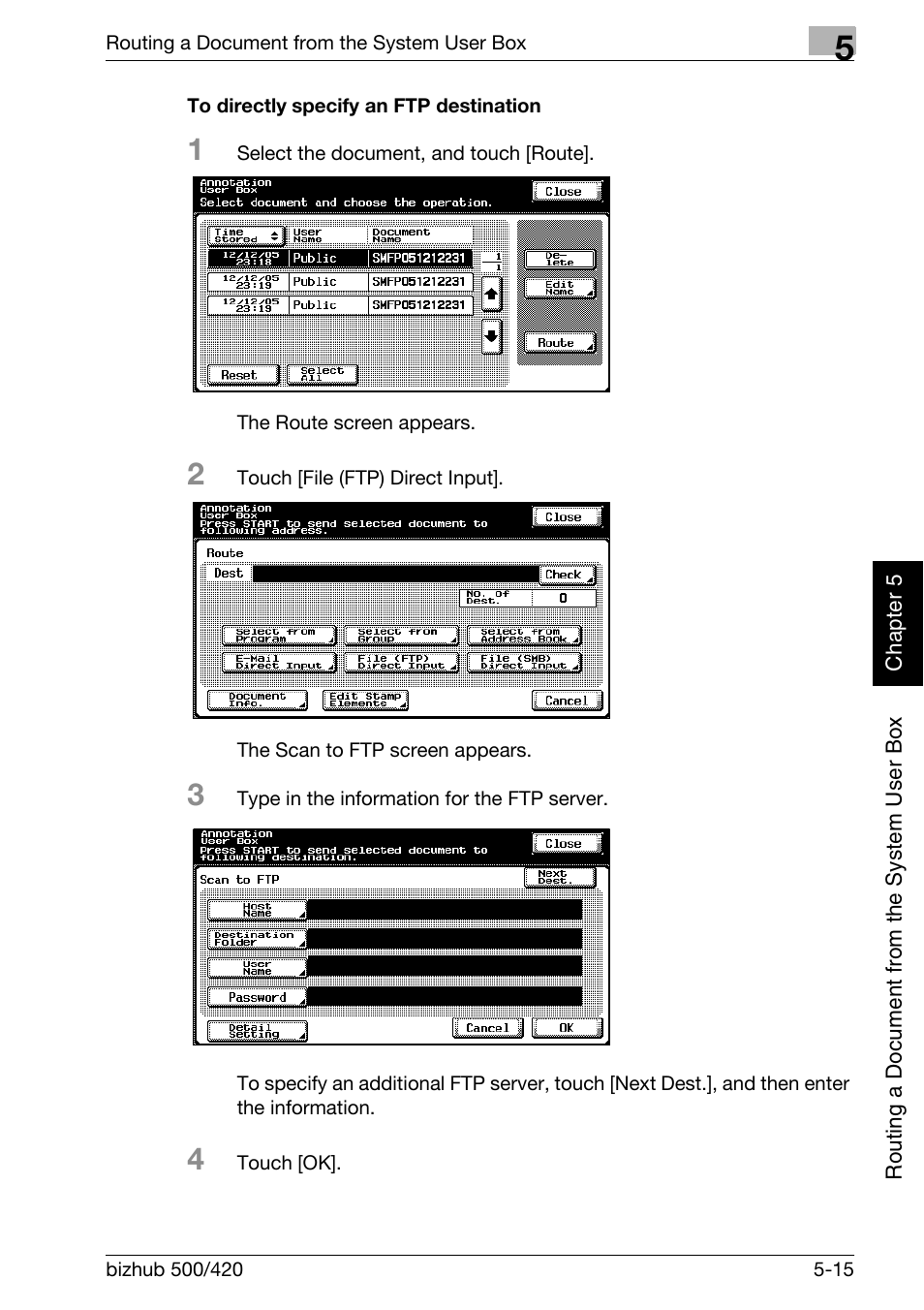 To directly specify an ftp destination -15, P. 5-15 | Konica Minolta bizhub 500 User Manual | Page 140 / 218