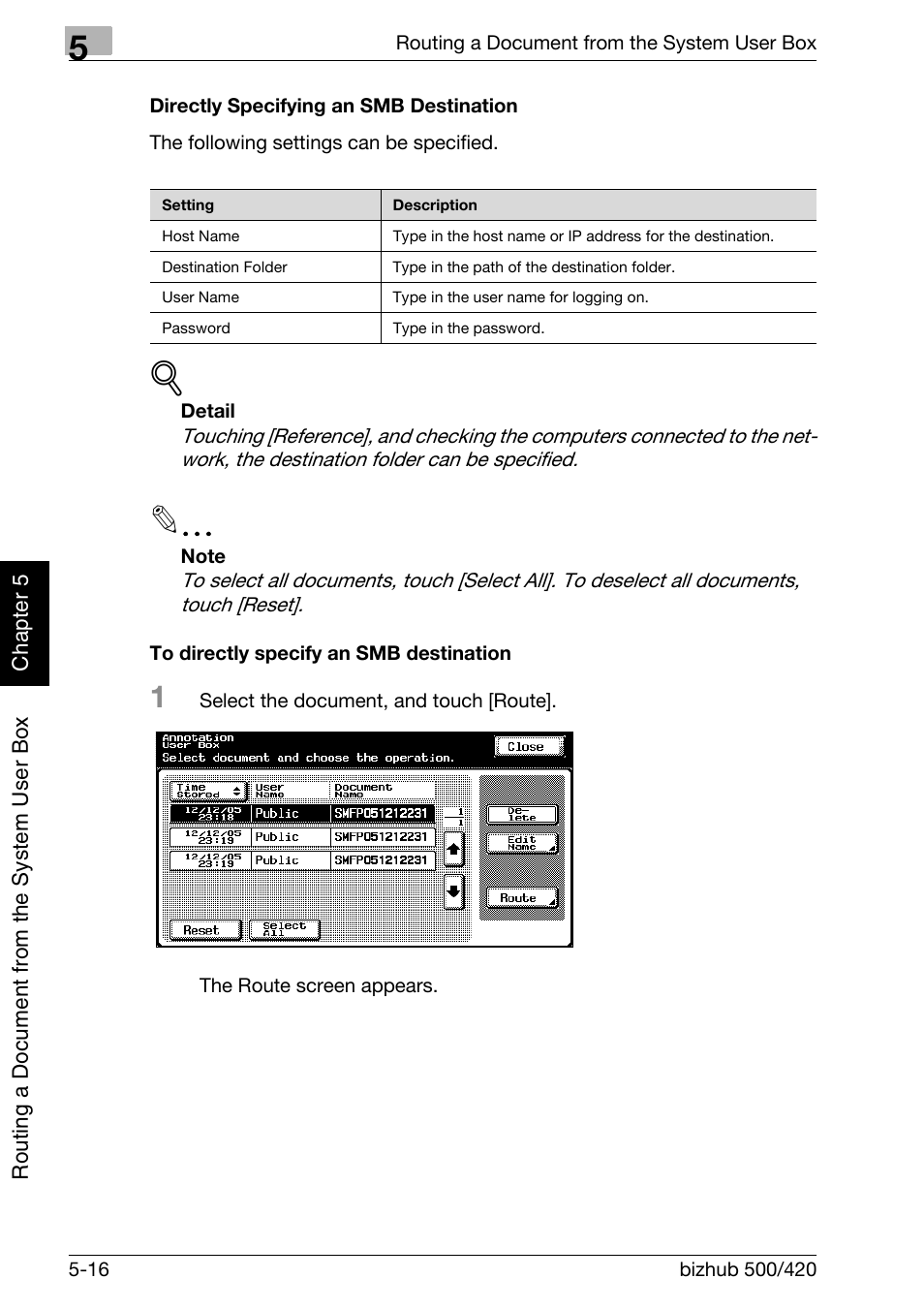 Directly specifying an smb destination -16, To directly specify an smb destination -16, P. 5-16 | Konica Minolta bizhub 500 User Manual | Page 141 / 218