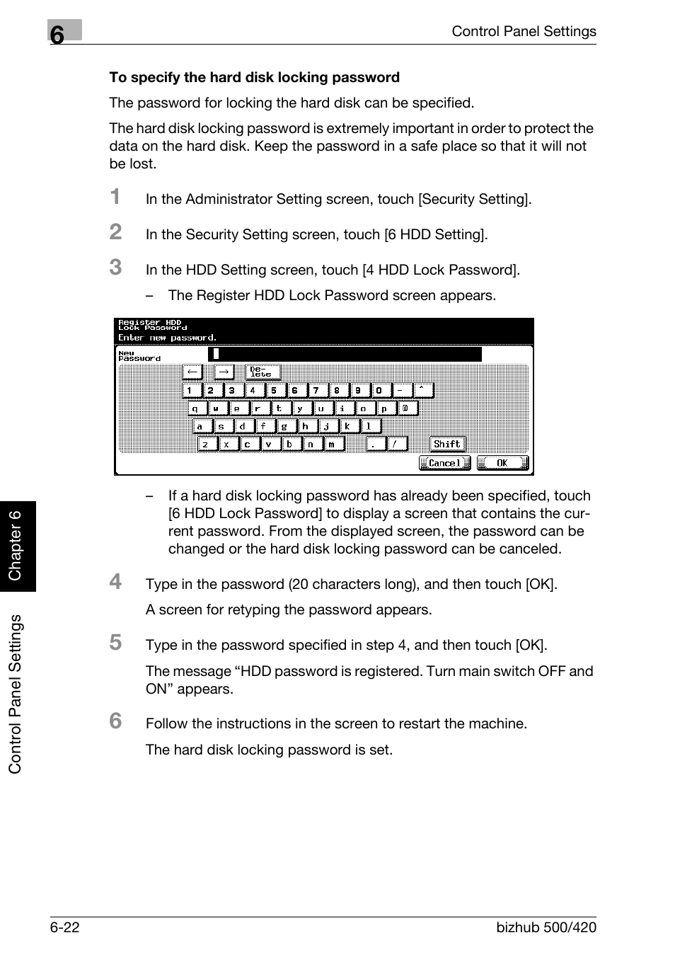 To specify the hard disk locking password -22 | Konica Minolta bizhub 500 User Manual | Page 169 / 218