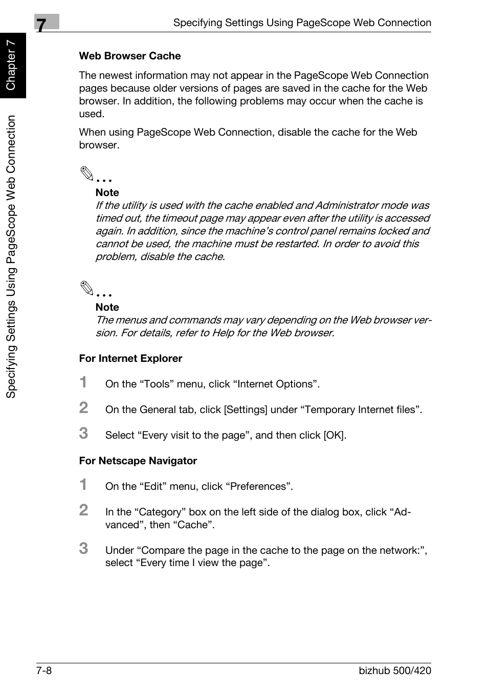 Web browser cache -8, For internet explorer -8 for netscape navigator -8 | Konica Minolta bizhub 500 User Manual | Page 183 / 218