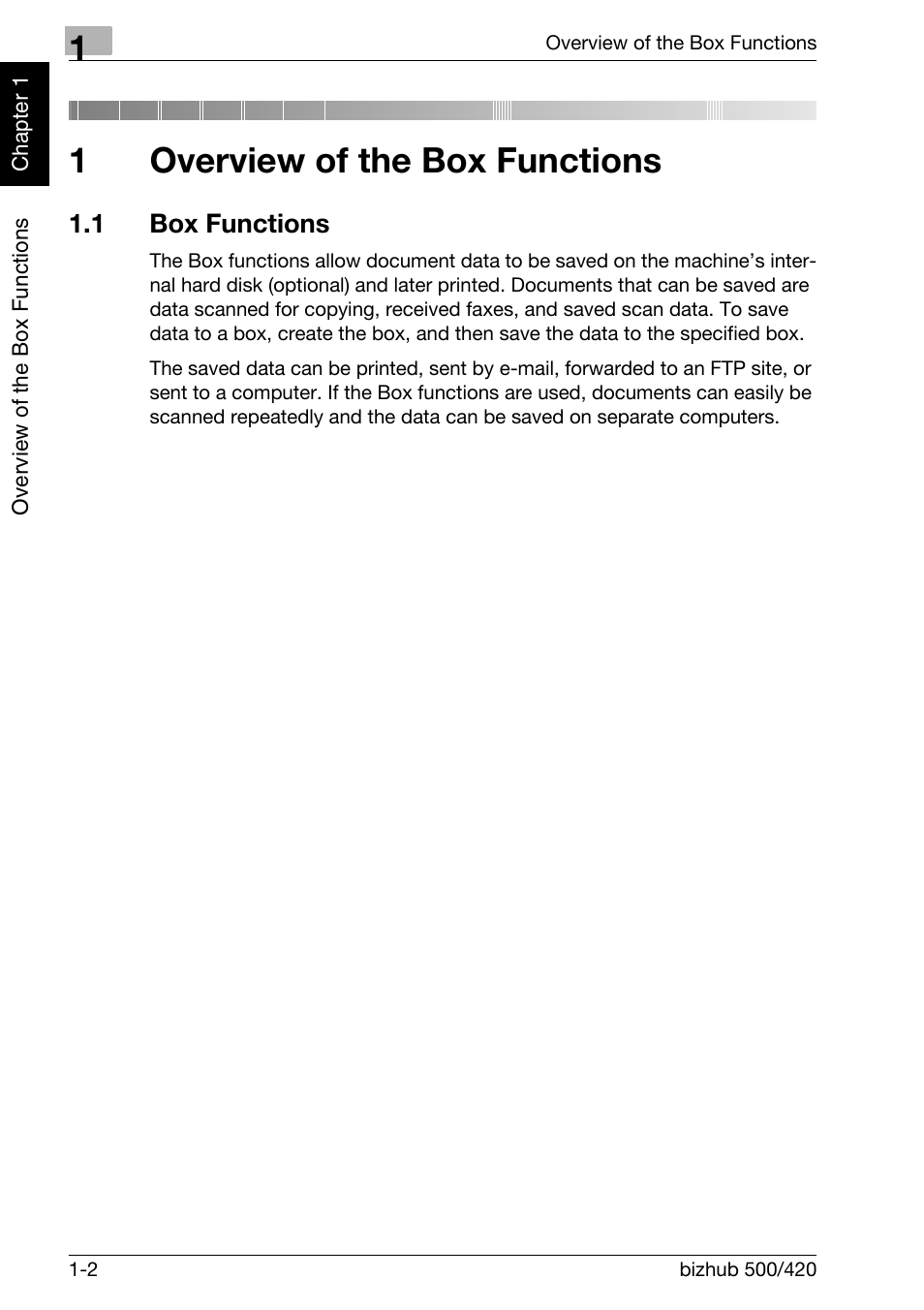 1 overview of the box functions, 1 box functions, Overview of the box functions | Box functions -2, 1overview of the box functions | Konica Minolta bizhub 500 User Manual | Page 19 / 218