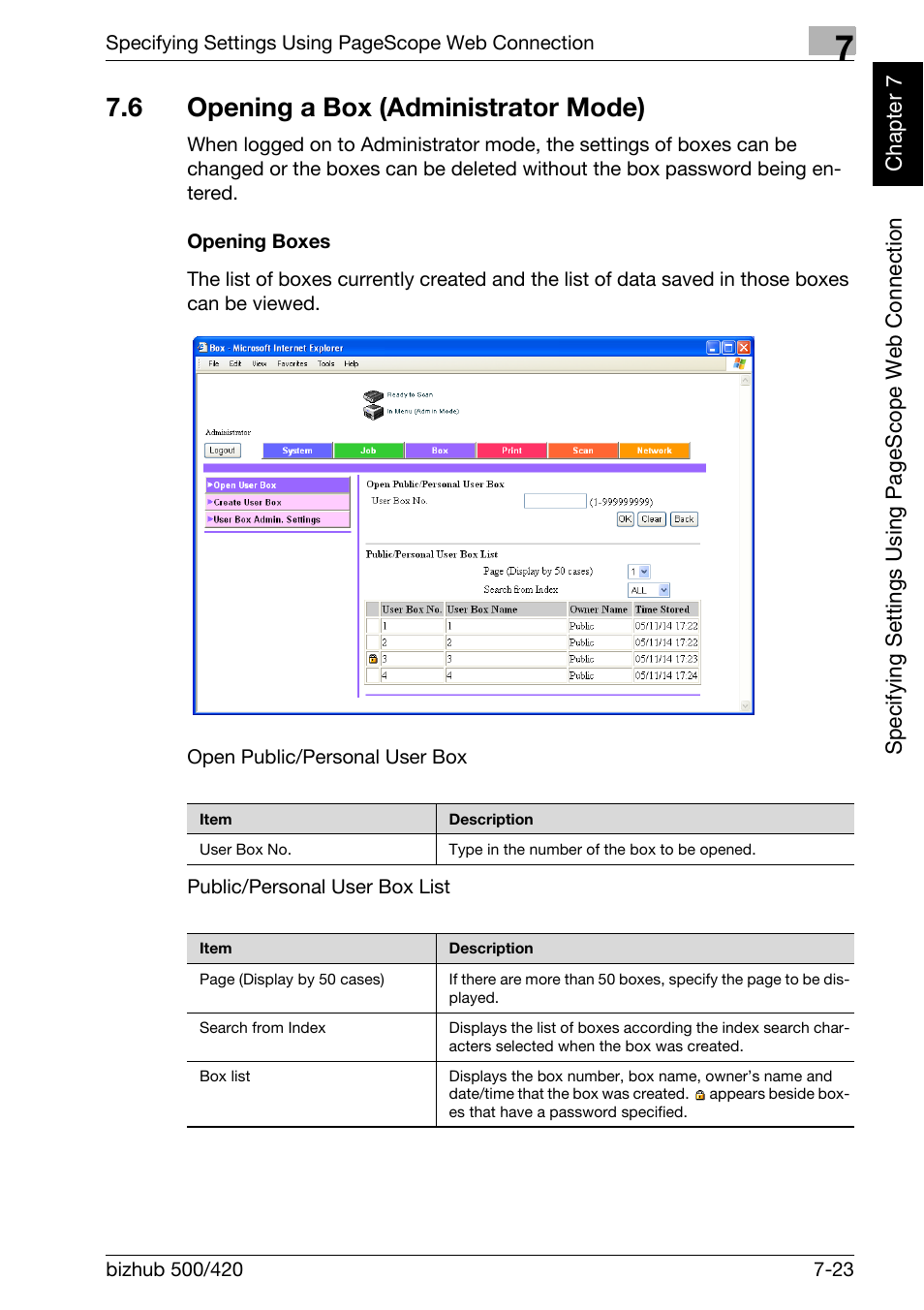 6 opening a box (administrator mode), Opening a box (administrator mode) -23, Opening boxes -23 | Konica Minolta bizhub 500 User Manual | Page 198 / 218