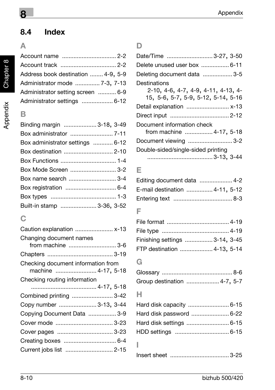 4 index, Index -10, 4 index a | Konica Minolta bizhub 500 User Manual | Page 215 / 218