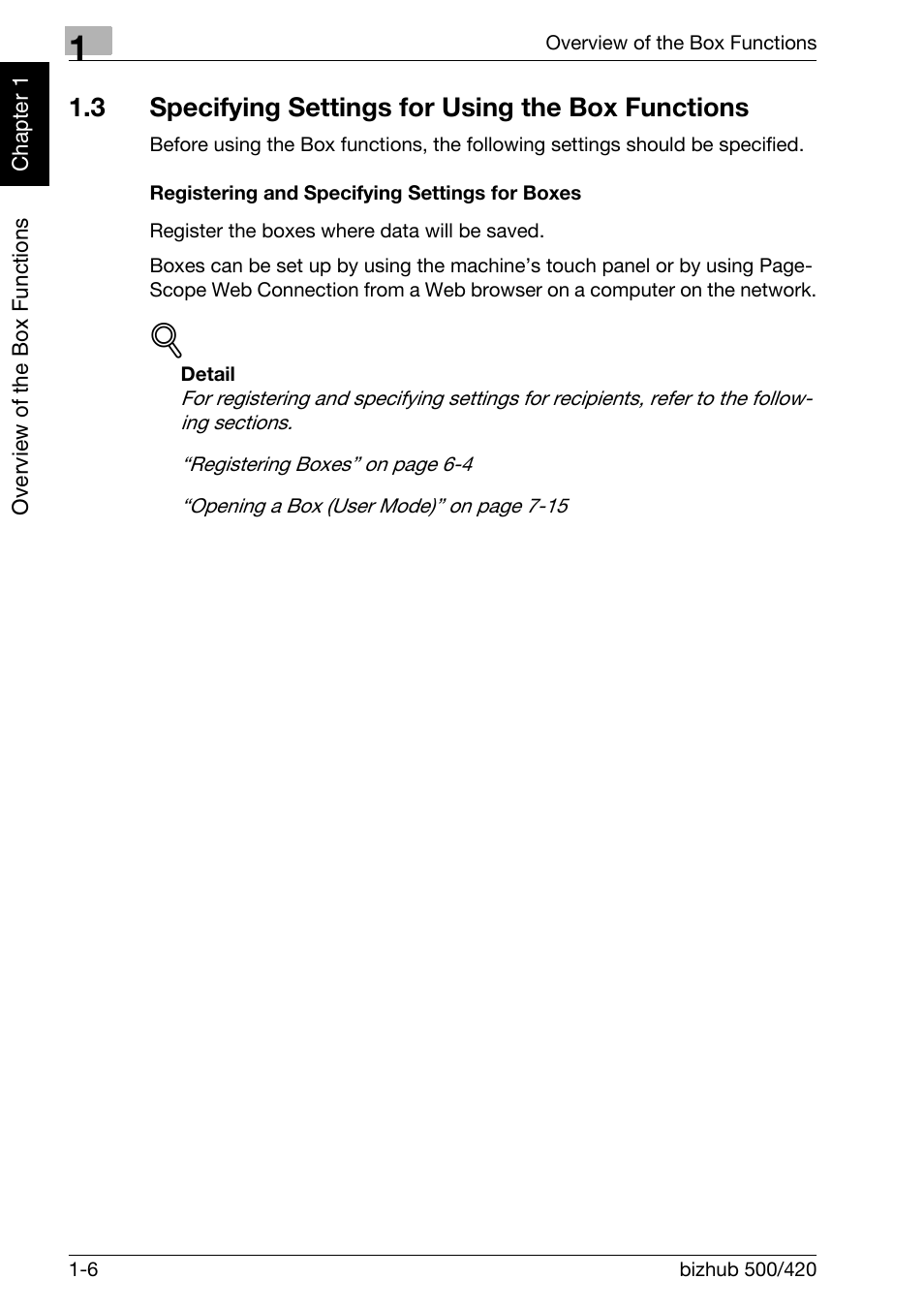 3 specifying settings for using the box functions, Specifying settings for using the box functions -6, Registering and specifying settings for boxes -6 | Konica Minolta bizhub 500 User Manual | Page 23 / 218