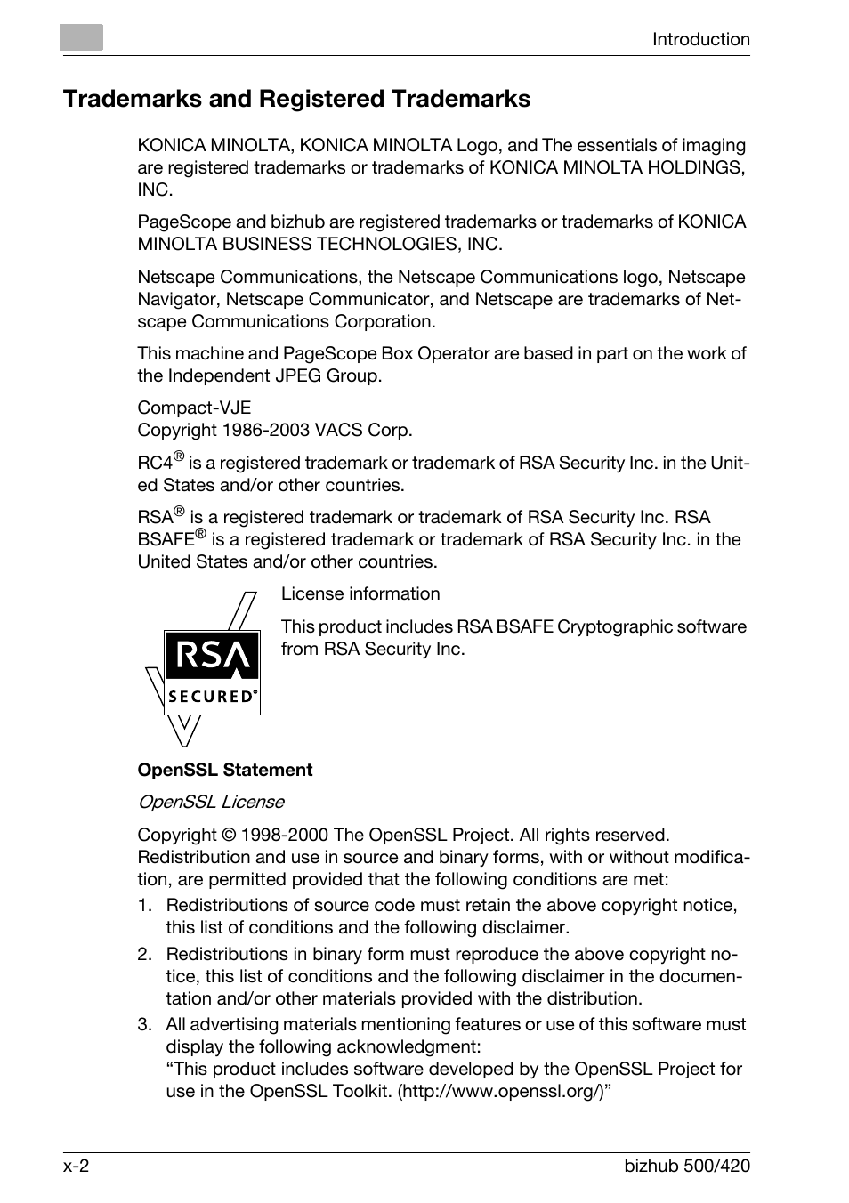 Trademarks and registered trademarks | Konica Minolta bizhub 500 User Manual | Page 3 / 218