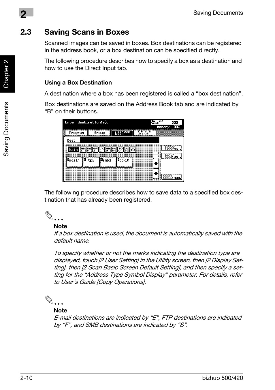 3 saving scans in boxes, Saving scans in boxes -10, Using a box destination -10 | Konica Minolta bizhub 500 User Manual | Page 33 / 218