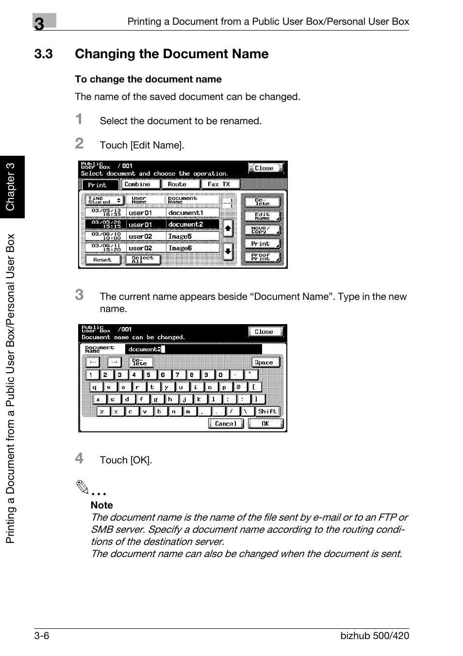 3 changing the document name, Changing the document name -6, To change the document name -6 | Konica Minolta bizhub 500 User Manual | Page 45 / 218