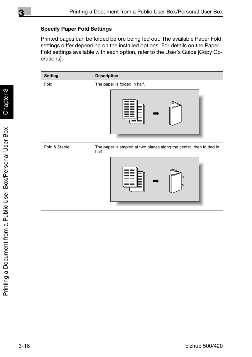 Specify paper fold settings -16, P. 3-16 | Konica Minolta bizhub 500 User Manual | Page 55 / 218