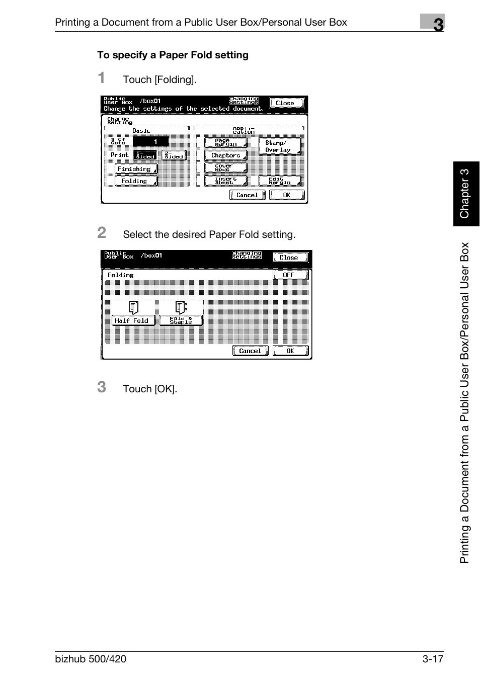 To specify a paper fold setting -17 | Konica Minolta bizhub 500 User Manual | Page 56 / 218