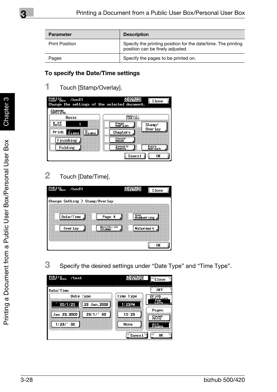 To specify the date/time settings -28 | Konica Minolta bizhub 500 User Manual | Page 67 / 218