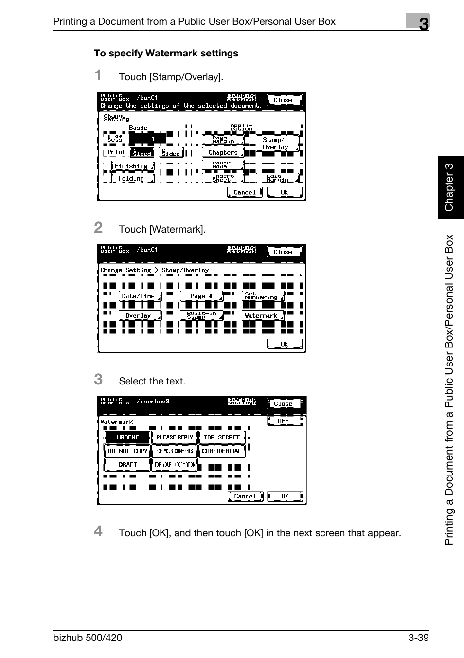 To specify watermark settings -39, P. 3-39 | Konica Minolta bizhub 500 User Manual | Page 78 / 218