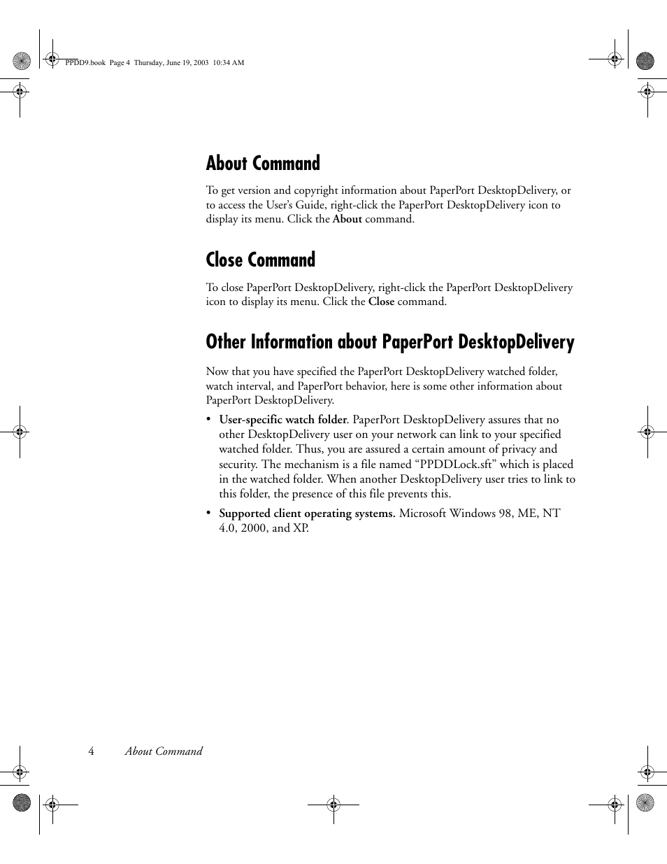 About command, Close command, Other information about paperport desktopdelivery | Konica Minolta Unity User Manual | Page 6 / 6