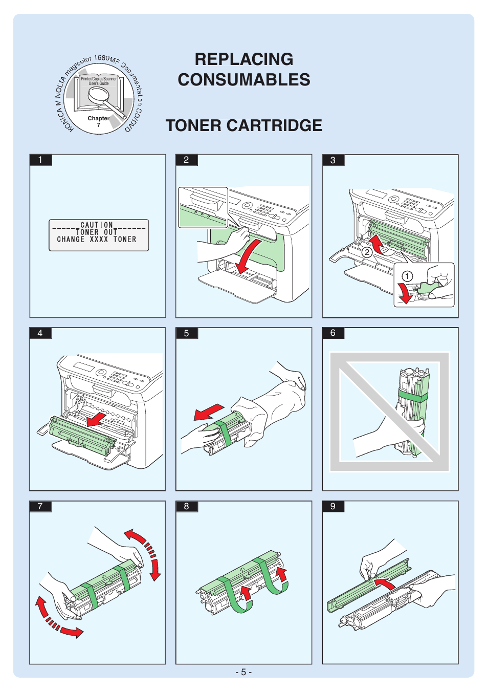 Replacing consumables, Toner cartridge | Konica Minolta magicolor 1680MF User Manual | Page 5 / 8
