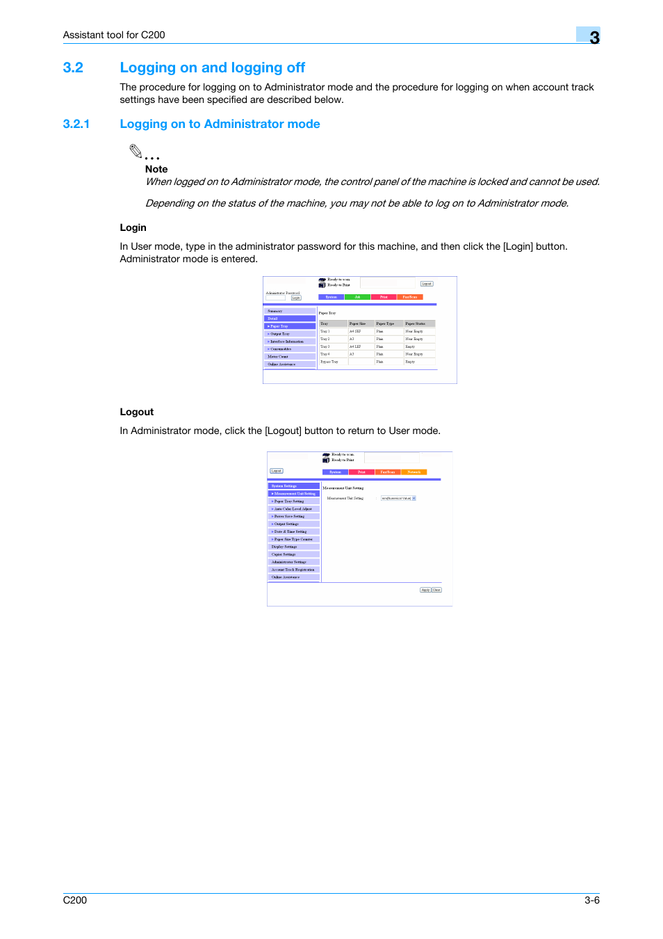 2 logging on and logging off, 1 logging on to administrator mode, Login | Logout, Logging on and logging off -6, De, refer to, Logging on to administrator mode" on | Konica Minolta bizhub C200 User Manual | Page 101 / 167