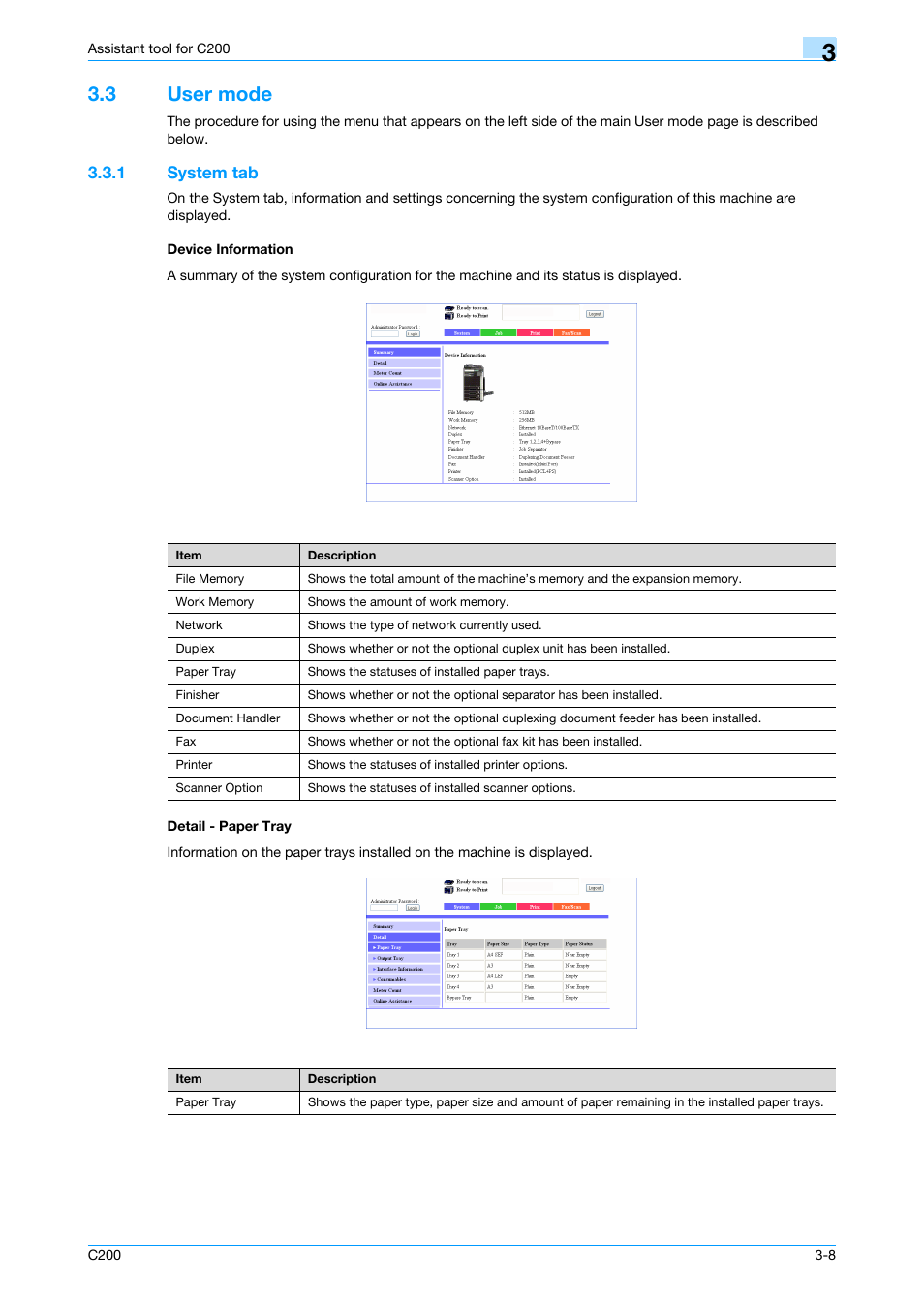 3 user mode, 1 system tab, Device information | Detail - paper tray, User mode -8 | Konica Minolta bizhub C200 User Manual | Page 103 / 167