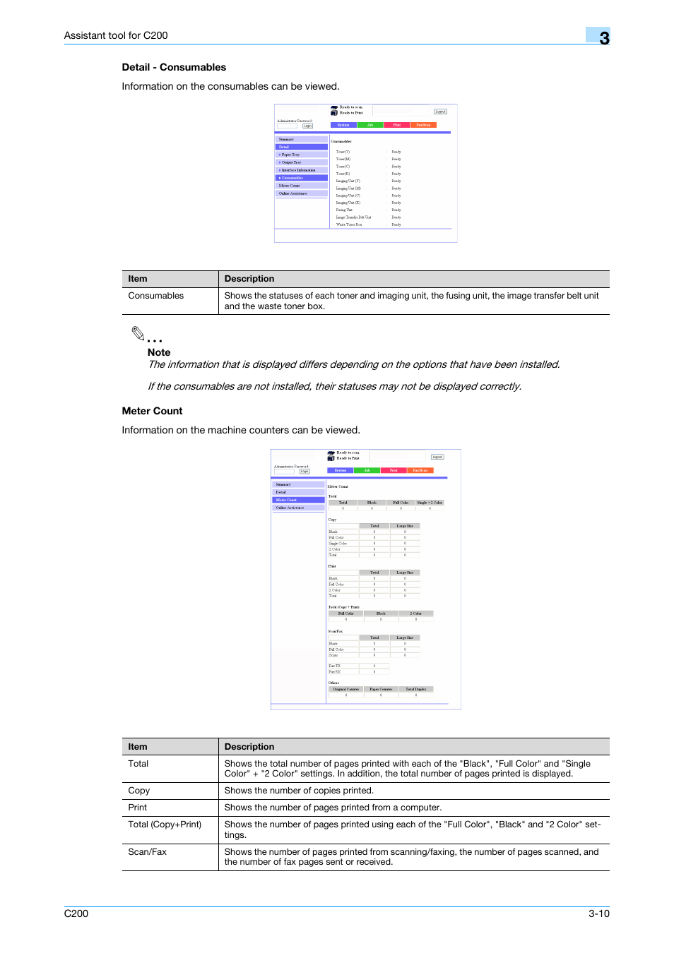 Detail - consumables, Meter count, Detail - consumables -10 meter count -10 | Konica Minolta bizhub C200 User Manual | Page 105 / 167