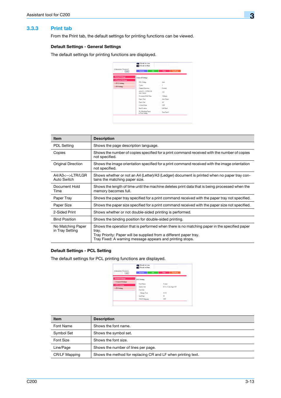 3 print tab, Default settings - general settings, Default settings - pcl setting | Konica Minolta bizhub C200 User Manual | Page 108 / 167