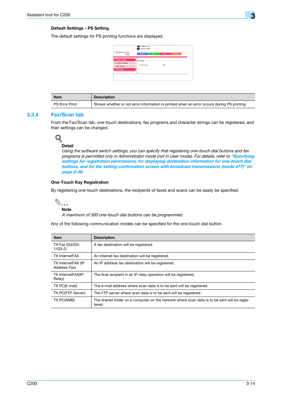 Default settings - ps setting, 4 fax/scan tab, One-touch key registration | Default settings - ps setting -14, Fax/scan tab -14 one-touch key registration -14 | Konica Minolta bizhub C200 User Manual | Page 109 / 167