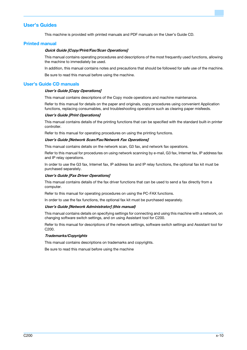 User’s guides, Printed manual, User’s guide cd manuals | Konica Minolta bizhub C200 User Manual | Page 11 / 167