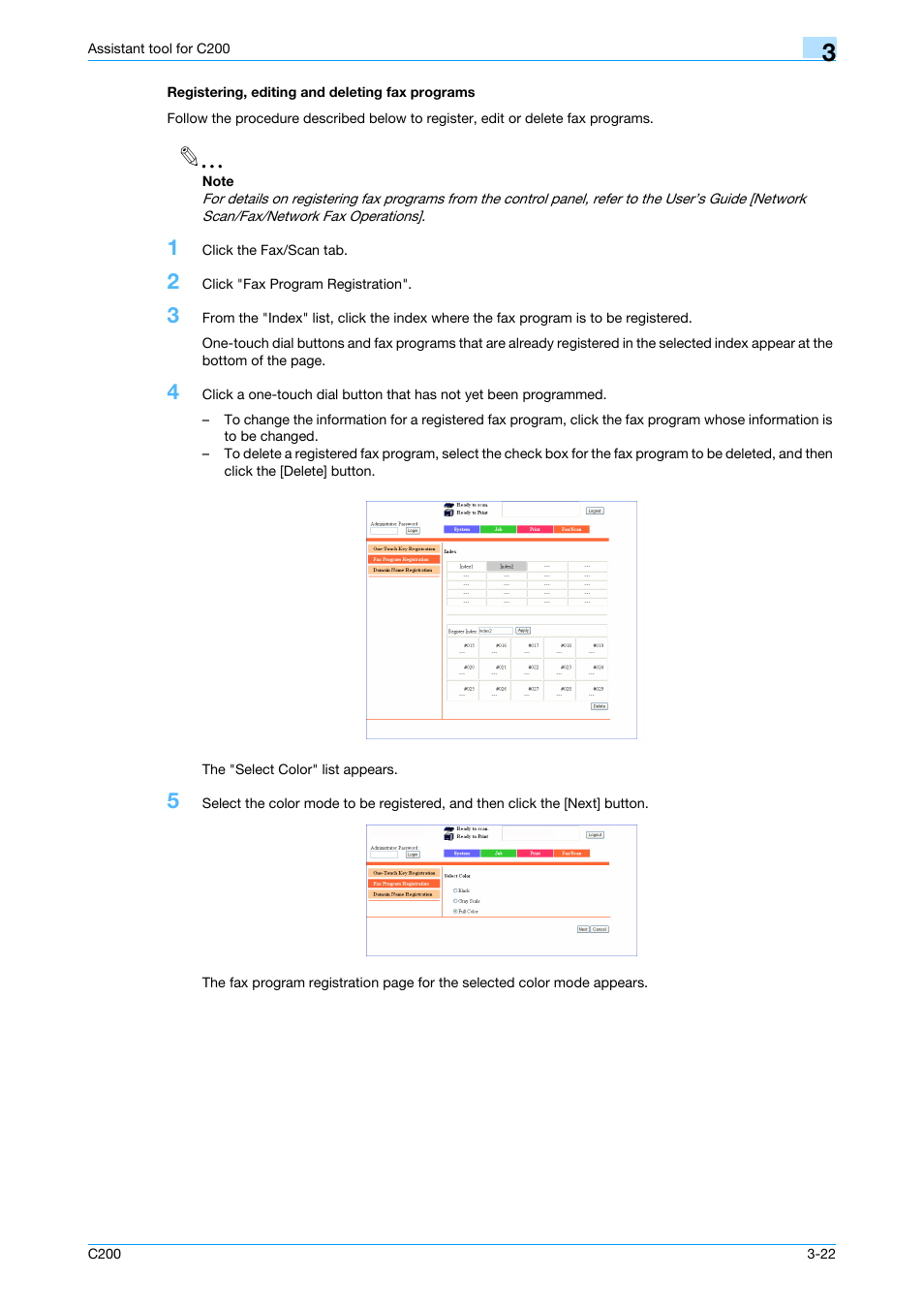 Registering, editing and deleting fax programs, Registering, editing and deleting fax programs -22 | Konica Minolta bizhub C200 User Manual | Page 117 / 167