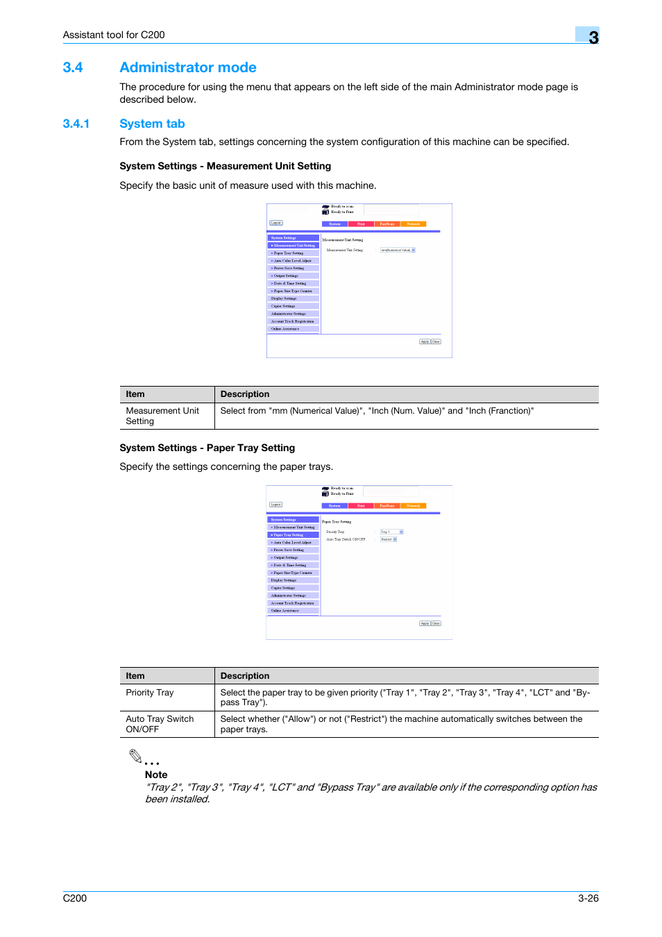 4 administrator mode, 1 system tab, System settings - measurement unit setting | System settings - paper tray setting, Administrator mode -26, Administrator mode | Konica Minolta bizhub C200 User Manual | Page 121 / 167