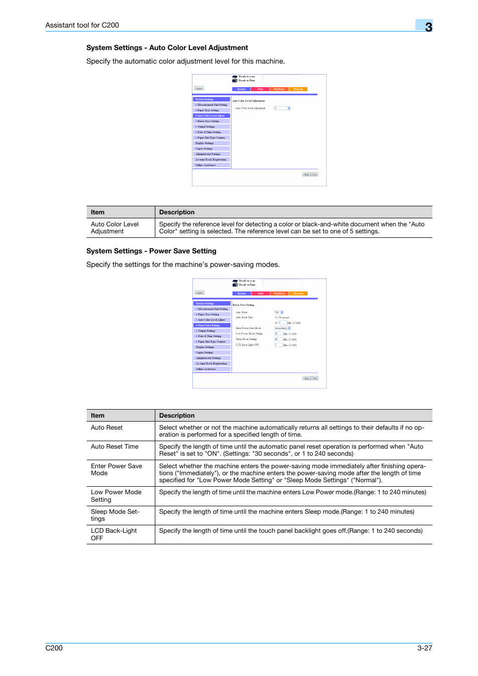 System settings - auto color level adjustment, System settings - power save setting | Konica Minolta bizhub C200 User Manual | Page 122 / 167