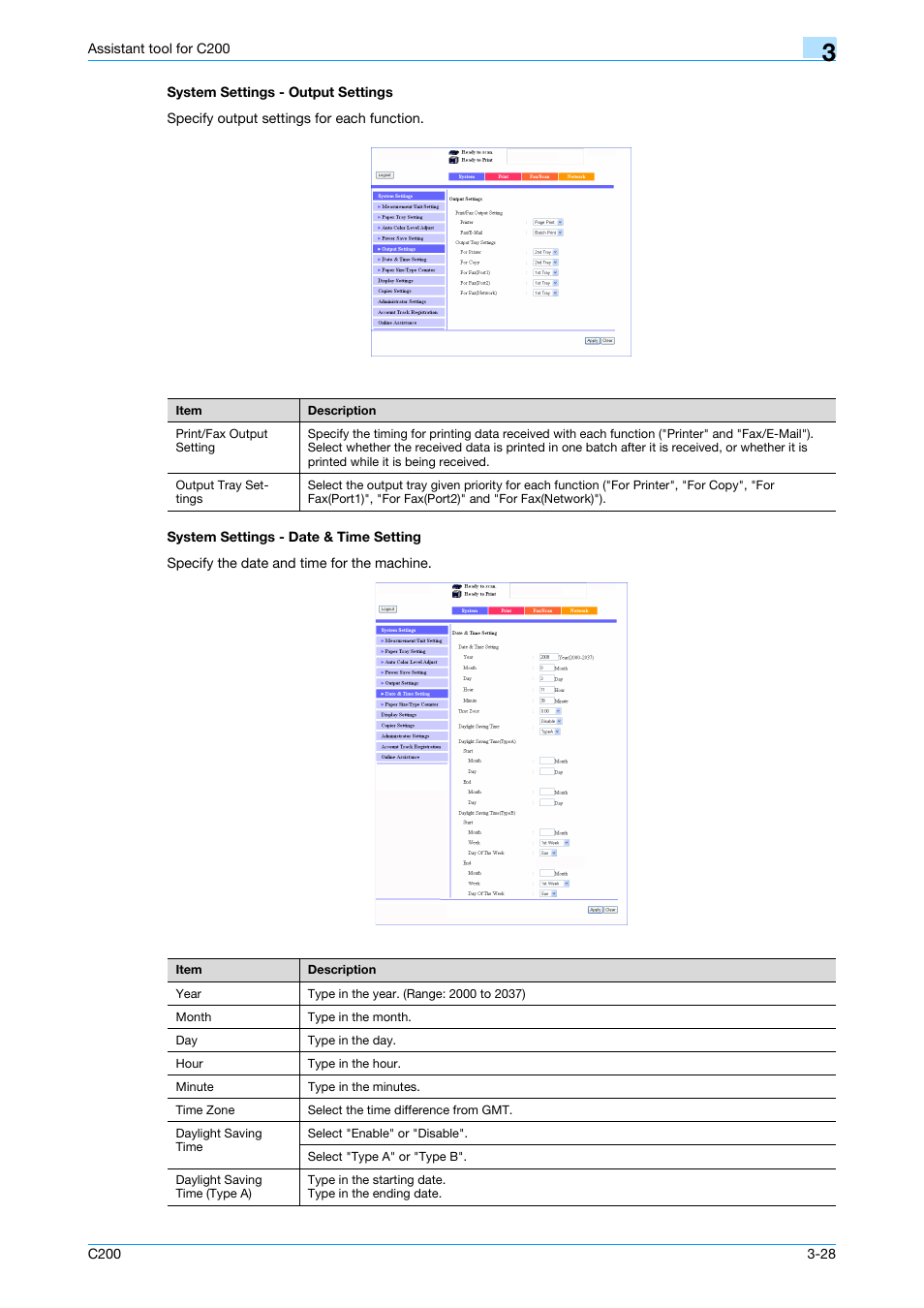 System settings - output settings, System settings - date & time setting | Konica Minolta bizhub C200 User Manual | Page 123 / 167