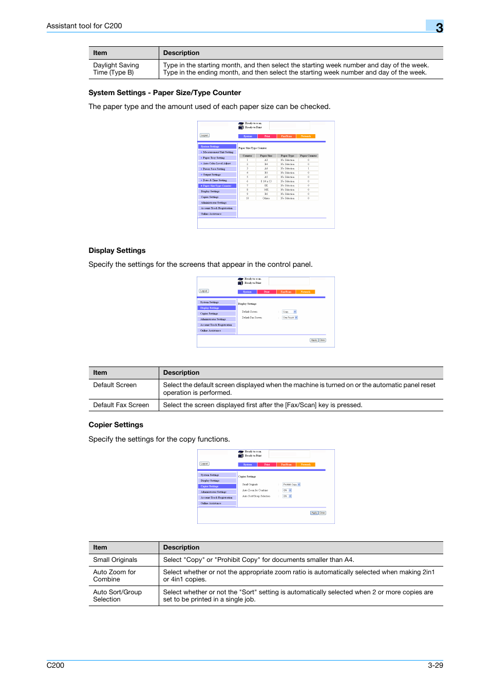 System settings - paper size/type counter, Display settings, Copier settings | Konica Minolta bizhub C200 User Manual | Page 124 / 167