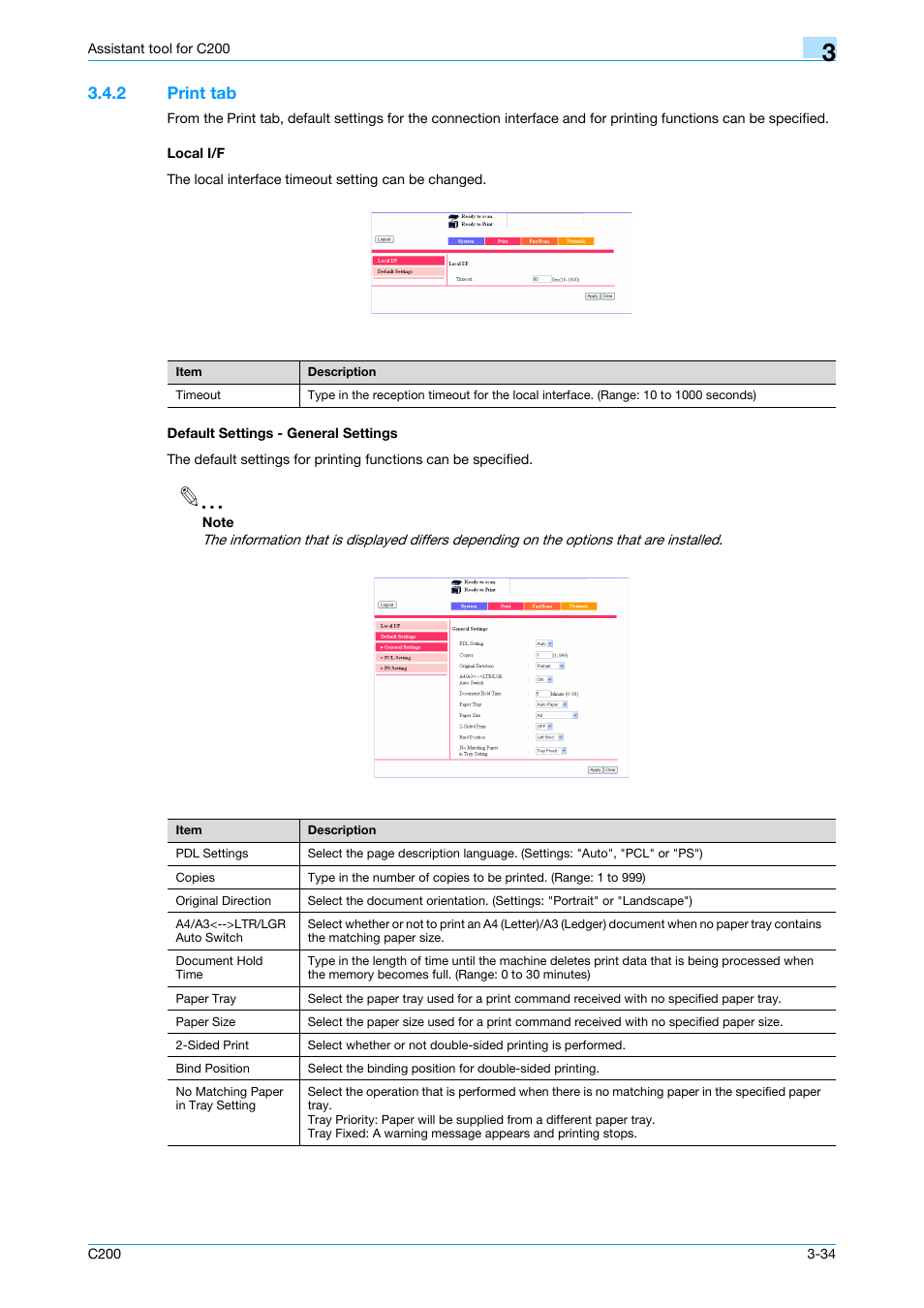 2 print tab, Local i/f, Default settings - general settings | Konica Minolta bizhub C200 User Manual | Page 129 / 167