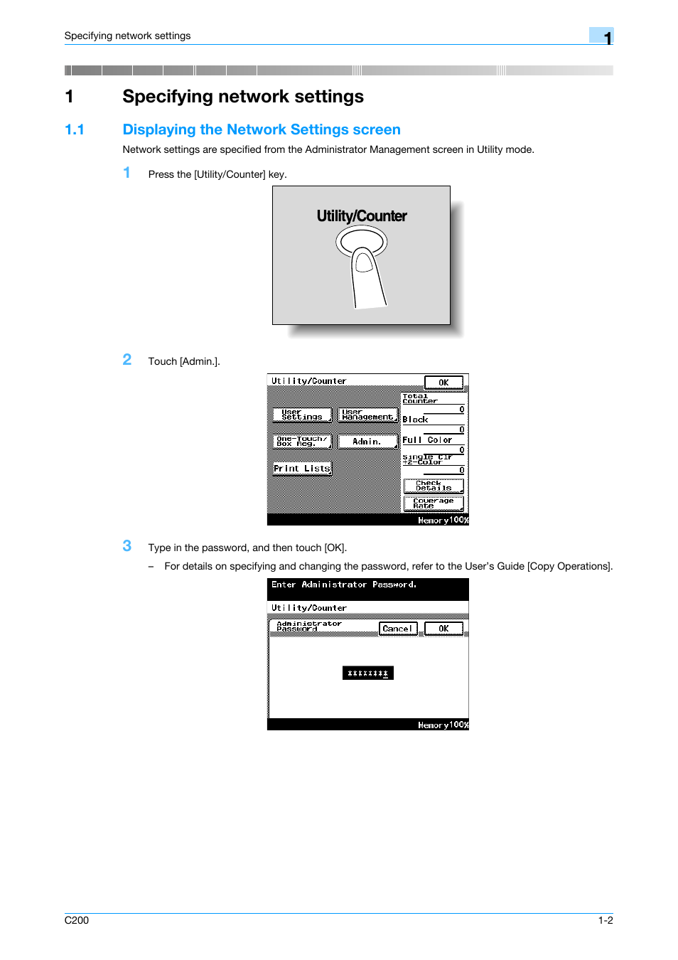 1 specifying network settings, 1 displaying the network settings screen, Specifying network settings | Displaying the network settings screen -2, 1specifying network settings | Konica Minolta bizhub C200 User Manual | Page 13 / 167