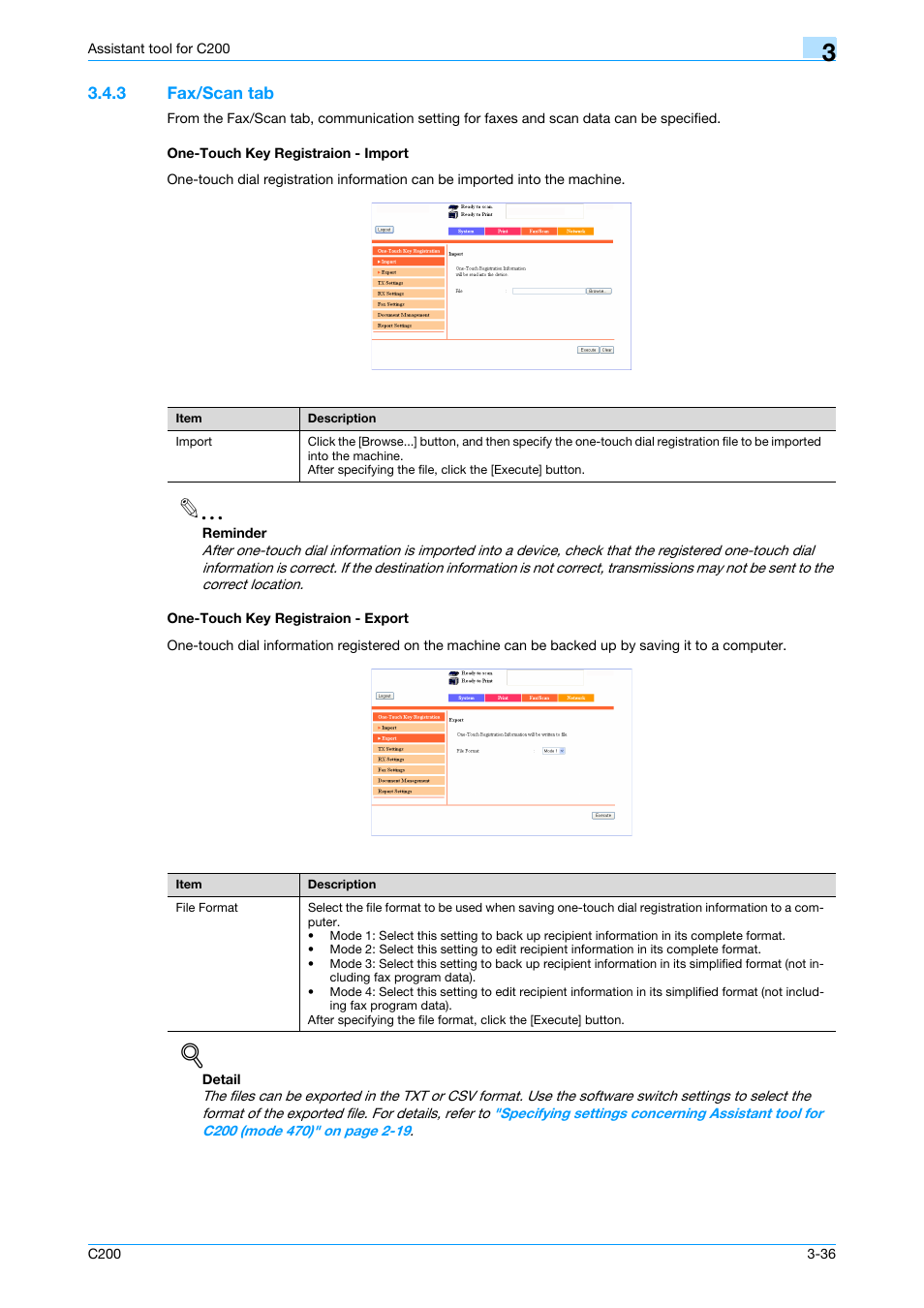 3 fax/scan tab, One-touch key registraion - import, One-touch key registraion - export | Konica Minolta bizhub C200 User Manual | Page 131 / 167